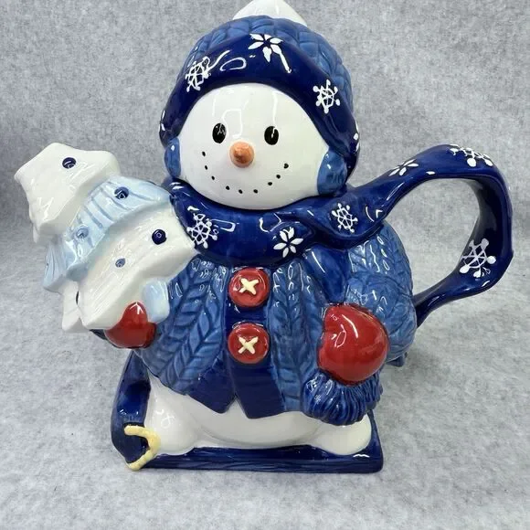 Homespun Holiday Collection Blue Snowman Four Cup Teapot Christmas Holidays - Picture 2 of 14